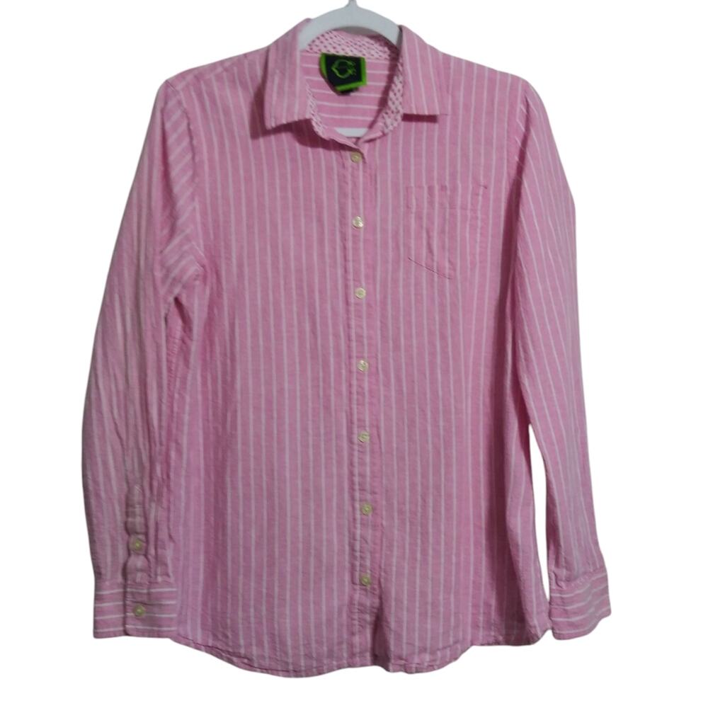 C Wonder Casual Pink Striped Button-Up Cotton Linen Spring Shirt Size L